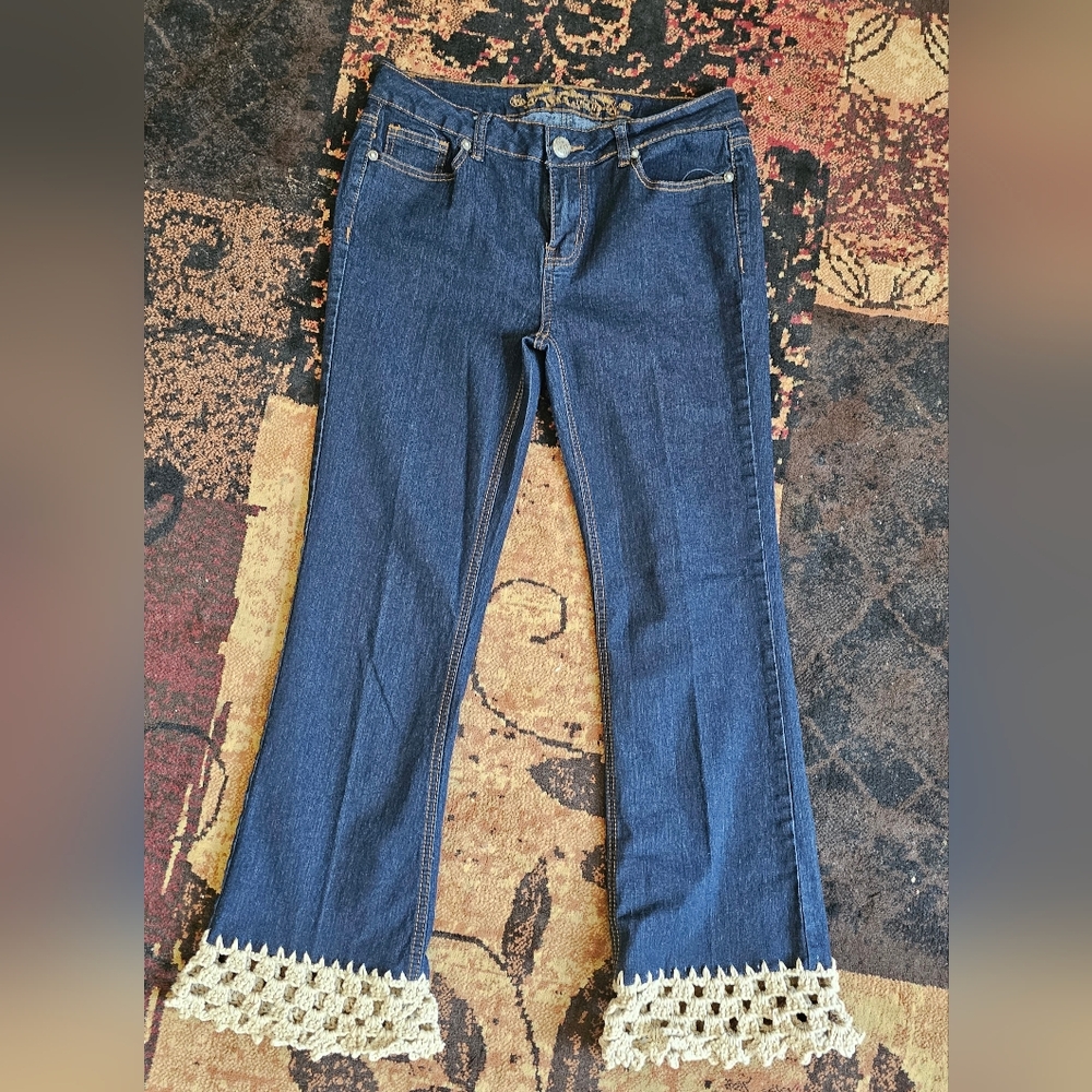 Wax Jean Dark Blue Flare Jeans with Crochet Hem